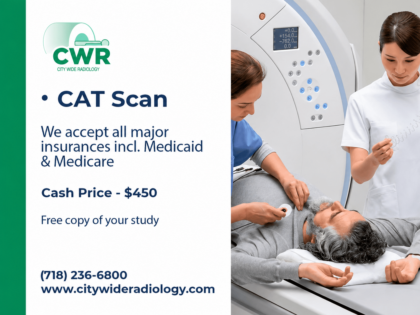 Paciente al que se le está preparando para una tomografía computarizada en City Wide Radiology, en Brooklyn, con el equipo de tomografía computarizada